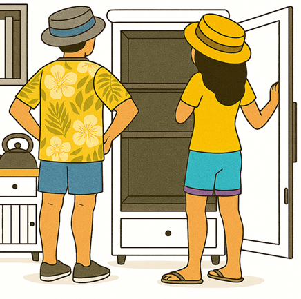 Empty vacation rental kitchen cupboard showing bare shelves - Travel Sauce solves this problem