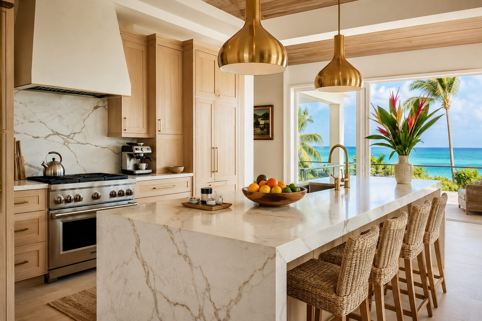 A sunny luxury beachfront rental kitchen with an ocean view