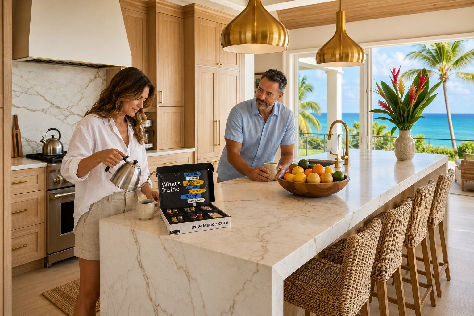A couple making morning coffee in a sunny beachfront rental kitchen with an open Travel Sauce kit on the island